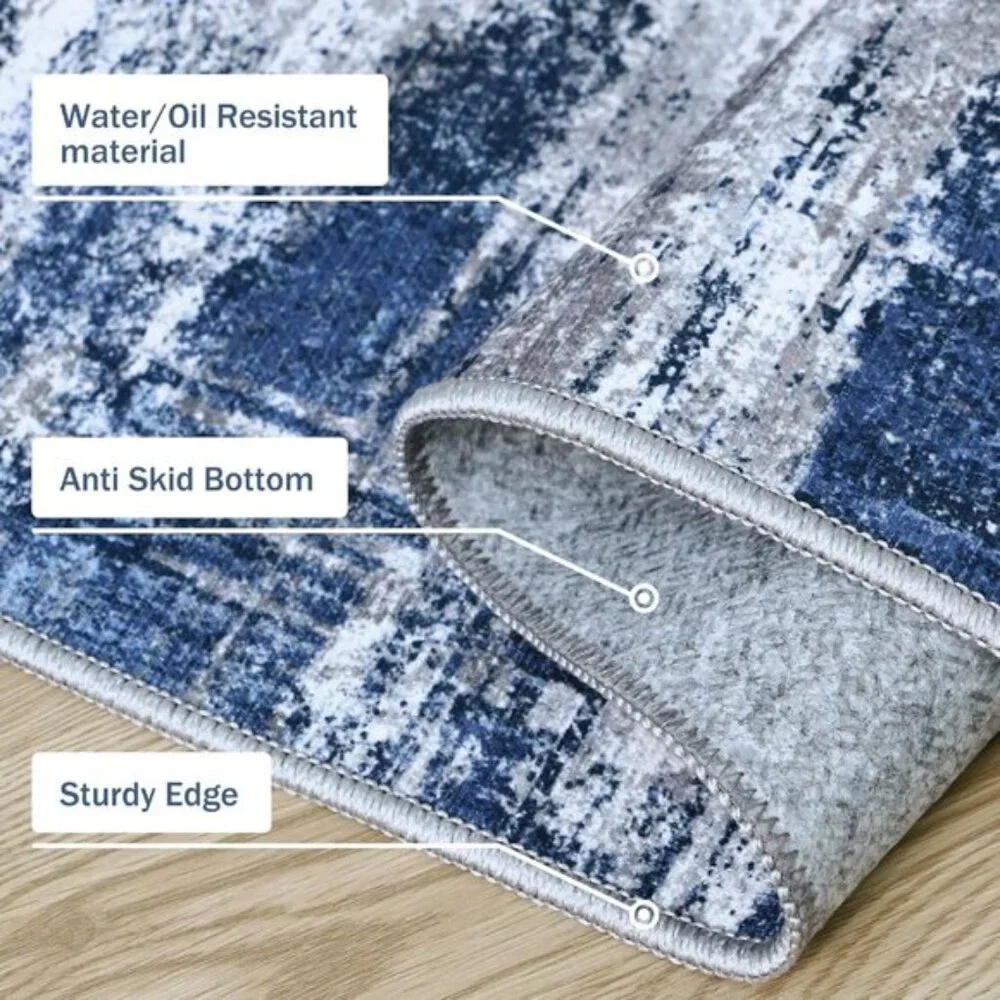 New 3-Piece Blue & Ivory Kitchen Rug Set, Non-Slip, Washable, Waterproof Mats